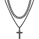 ChainsHouse Layered Cross Necklace for Men, Stainless Steel/Black/Gold Plated Cuban/Barbed Wire Necklace with Cross/Crucifix Pendant Religious Jewelry Gift Set for Dad, Husband