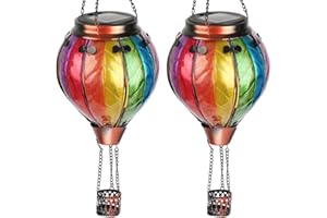 TEYIGARDEN 2PCS Solar Hot Air Balloon Lanterns with Flame with Shepherd's Hooks, Glass Hanging Flickering Lights Outdoor Waterproof for Garden Tree Yard Patio Mother's Day Gift, 18" H Colorful