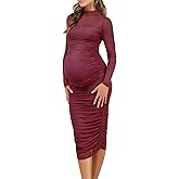 Dedysler Maternity Mesh Bodycon Dress for Wedding Guest Sexy Mock Neck Baby Shower Long Sleeve Pregnancy Clothes with Zipper