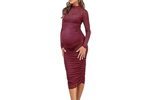 Dedysler Maternity Mesh Bodycon Dress for Wedding Guest Sexy Mock Neck Baby Shower Long Sleeve Pregnancy Clothes with Zipper