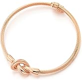 COOLSTEELANDBEYOND Rose Gold Cable Wire Bangle Bracelet for Women with Love Knot Minimalist Steel Cuff Bracelet Jewelry