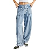 yoeasy Women's Lotus Tube Jeans Mid Rise Baggy Wide Leg Barrel Jeans Drawstring Ankle Denim Pants with Pockets
