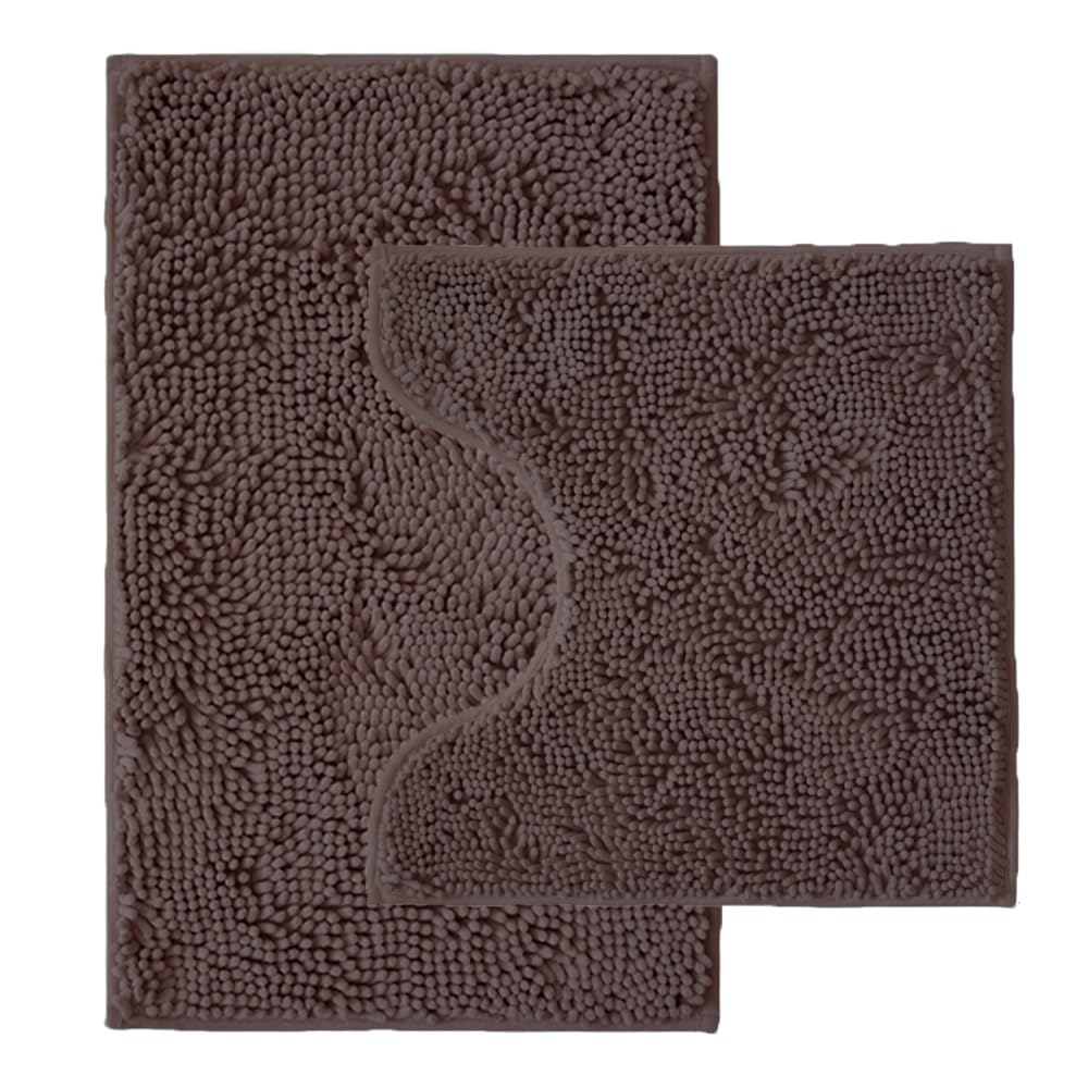Bathroom Rugs Sets 2 Piece,Super Absorbent Chenille Bath Mats and U-Shaped Toilet Rug,Strong PVC Non Slip Backing,Microfiber Washable Dry Quickly Bath Mats for Bathroom(20"x32"+20"x20"U, Coffee)