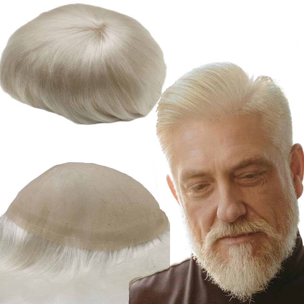 YANAHAIR Toupee for Men - Real Human Hair Replacement System - Fine French Lace Hairpiece - Customizable Hair Units - Natural-Looking Hair Pieces - Hair Prosthesis - Blonde/Grey - 8x10