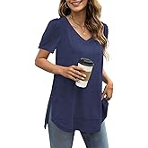 JomeDesign Summer Tops for Women Short Sleeve V Neck Shirts Side Split Loose Casual Tunic Tops