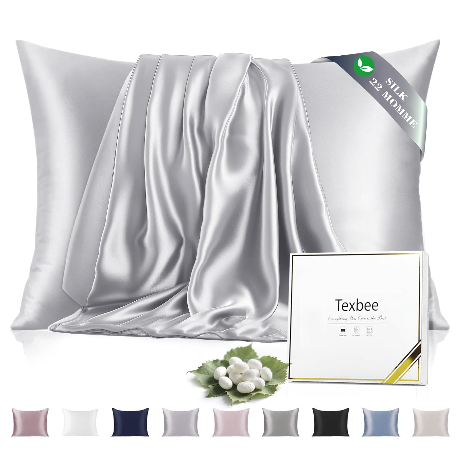 Texbee Silk Pillowcase, 22 Momme Mulberry Silk Pillowcases for Hair and Skin Health, Soft Smooth Breathable Cool Pure Pillow Case for Beauty Sleep, with Gift Box, 1pc (Standard 50x66 cm, Silver Grey)