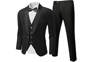 Hihawk Mens 3 Piece Tuxedo Set with Bow Tie, One Button Shawl Lapel Jacket Vest Pants, Slim Fit Suit Party Wedding Prom Tux