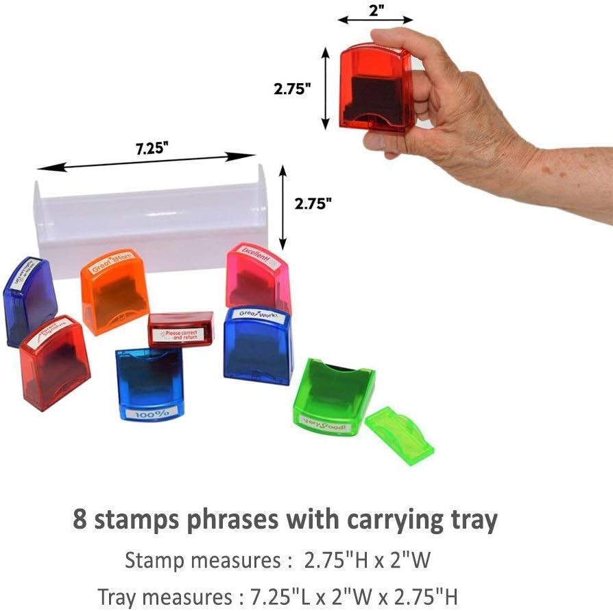 Home Office Business Rubber Stamp - Self Inking Pre-Inked Office Stamp Set, Student Awards & Student Incentives, Self-Inking Motivation School Grading Teacher Stamp Set and Tray (8PCS) : Office Products