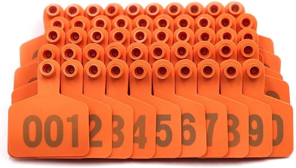 100 Sets Cattle Ear Tags TPU Material Cow Ear Tag with Number 001-100 (Orange)