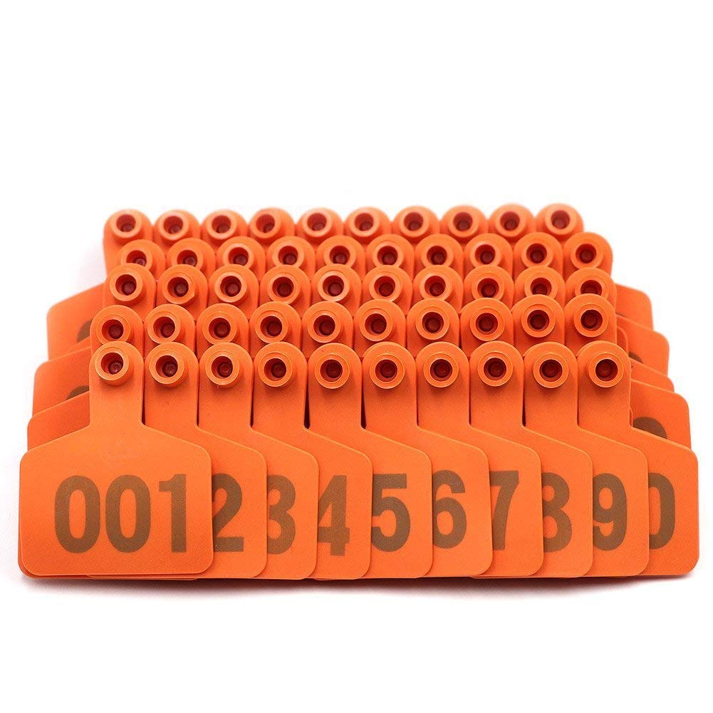 100 Sets Cattle Ear Tags TPU Material Cow Ear Tag with Number 001-100 (Orange)