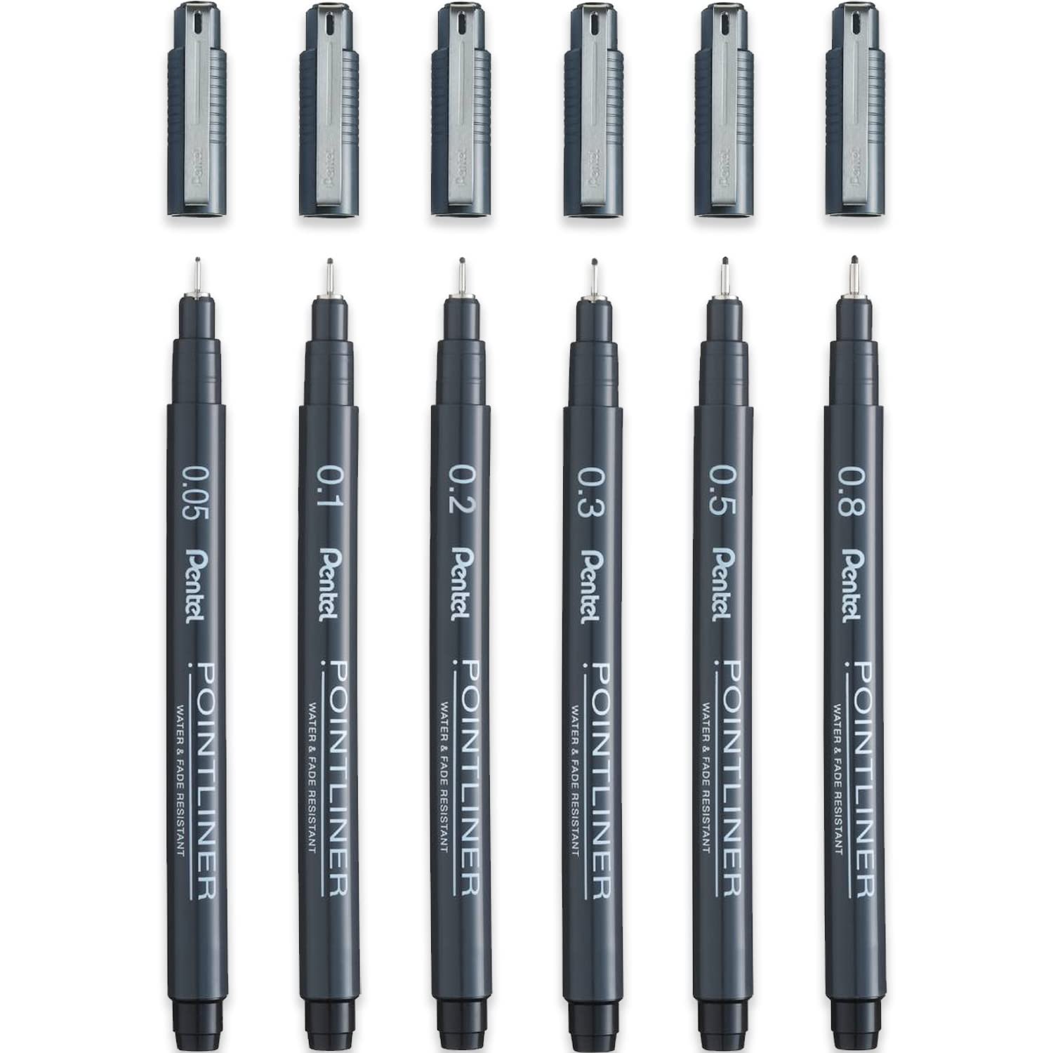 Pentel S20P Pointliner Pigment Liner Technical Drawing Fineliner Pen - 0.05mm, 0.1mm, 0.2mm, 0.3mm, 0.5mm, 0.8mm - Black Ink - Pack of 6