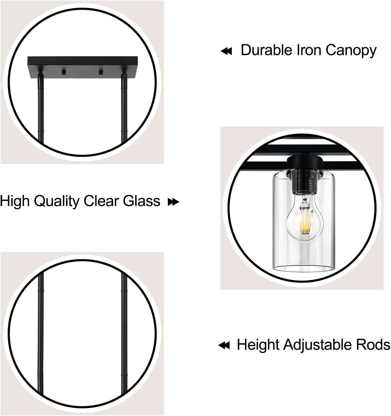 KEDSUM 3 Lights Farmhouse Kitchen Island Lights, Modern Chandeliers Rectangle Black Pendant Lighting for Dinging Room, Hanging Linear Cage Island Lighting with Clear Glass Shade and Adjustable Rods - - 