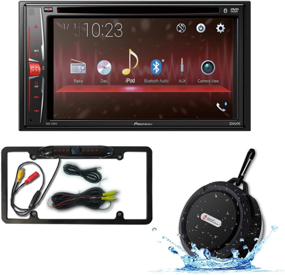 Pioneer Double DIN 2DIN AVH-210EX 6.2" Touchscreen Car Stereo MP3 CD DVD Player Bluetooth USB with DCO FL09BK Full License plate Night vision Waterproof back-up camera + WB12 Bluetooth Speakers