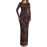 VKIHOC Floral Long Sleeve Maxi Dress Mesh Ruched Bodycon Formal Cocktail Dresses for Women 2026