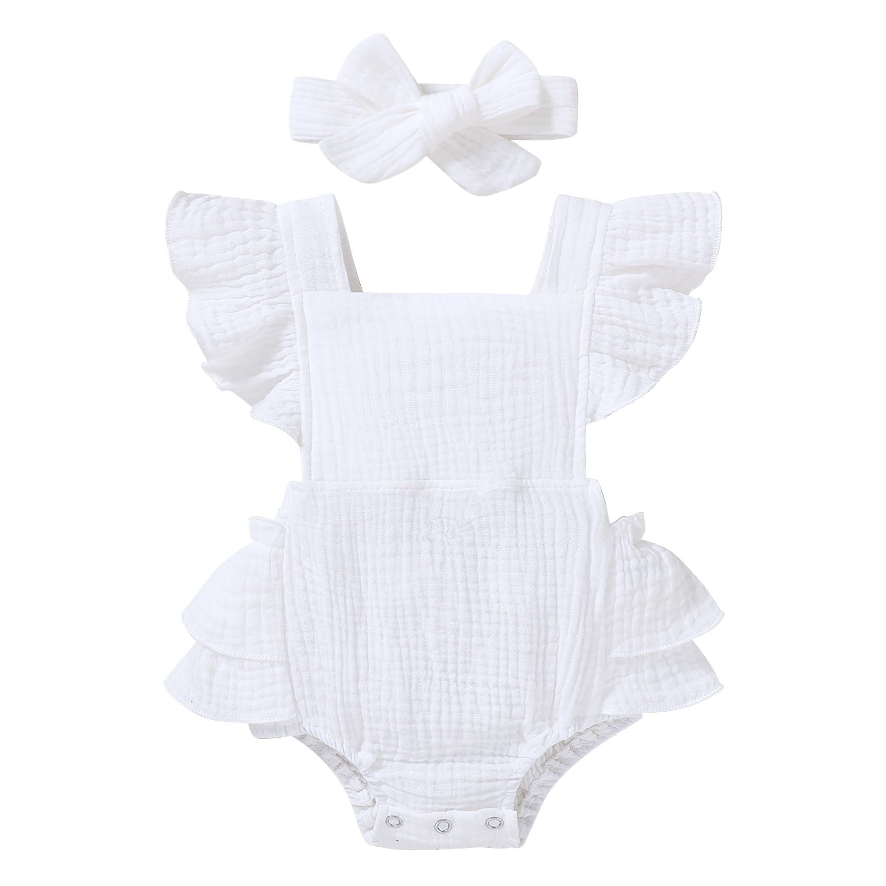 Photo 1 of YOUNGER TREE Toddler Baby Girl Ruffled Sleeveless Romper Casual Summer Jumpsuit Cotton Linen Clothes (Ruffle Romper White, 3-6 Months)