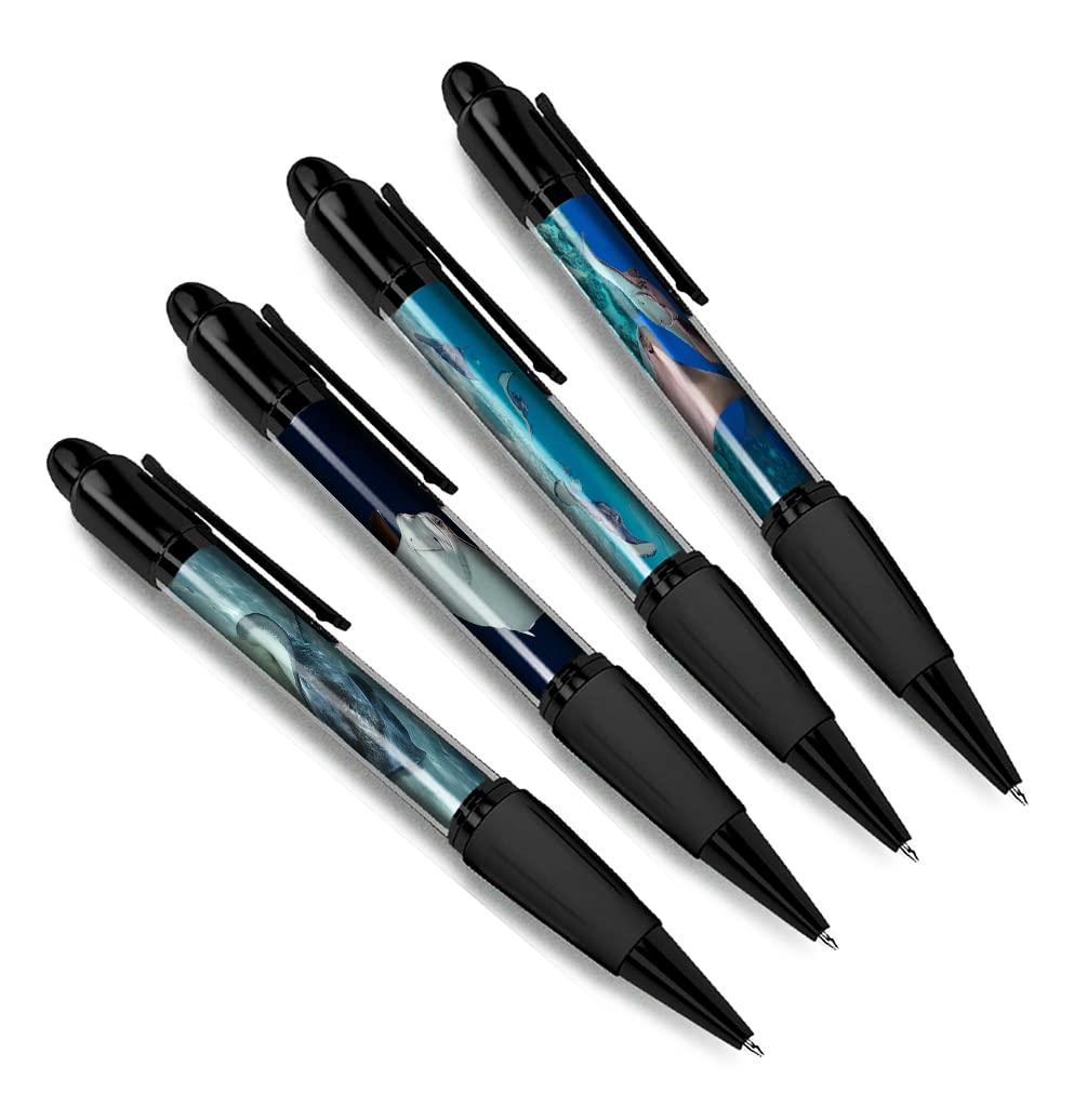 DV DESIGN Set of 4 Stingrays Black Ballpoint Pens - Ocean Animal Nature Sea Creature Wild Travel Portrait Boys Girls Men Women Theme Pen #79481