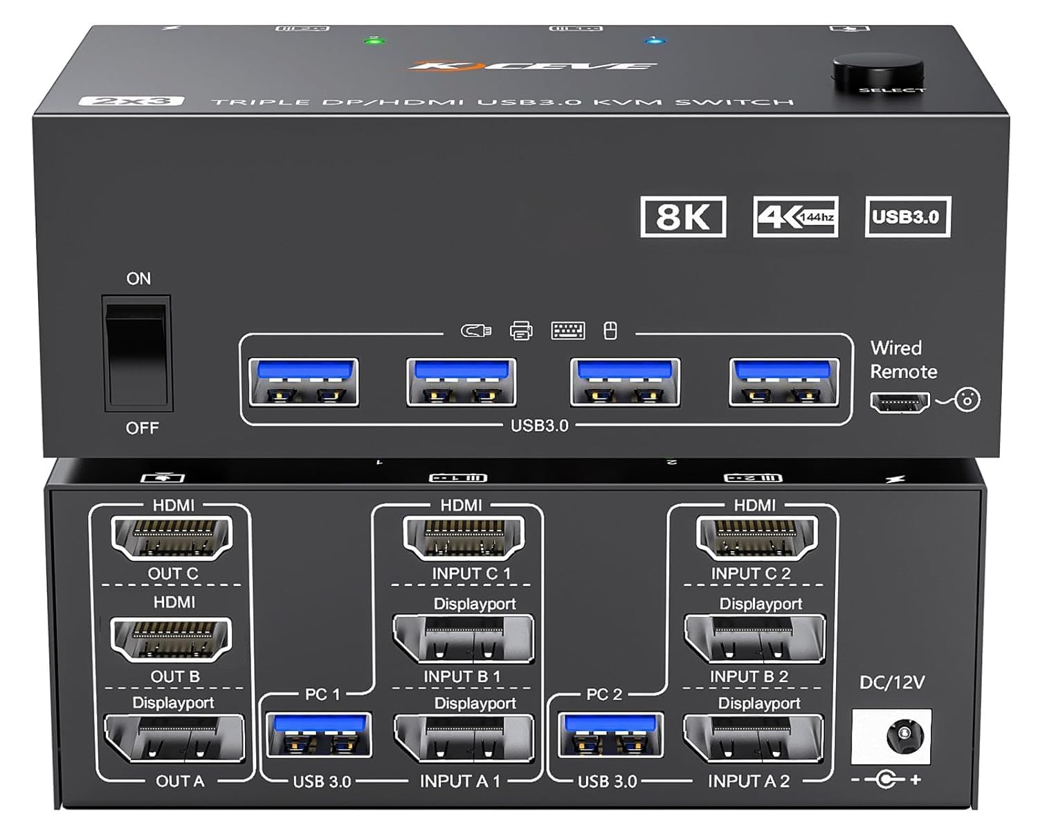 Photo 1 of HDMI Displayport KVM Switch 3 Monitors 2 Computers 8K@60Hz/4K@144Hz, USB3.0 KVM Switches for 2 PC Sharing Triple Monitor and Keyboard Mouse with Power Adapter,Wired Extend Controller and USB3.0 Cables