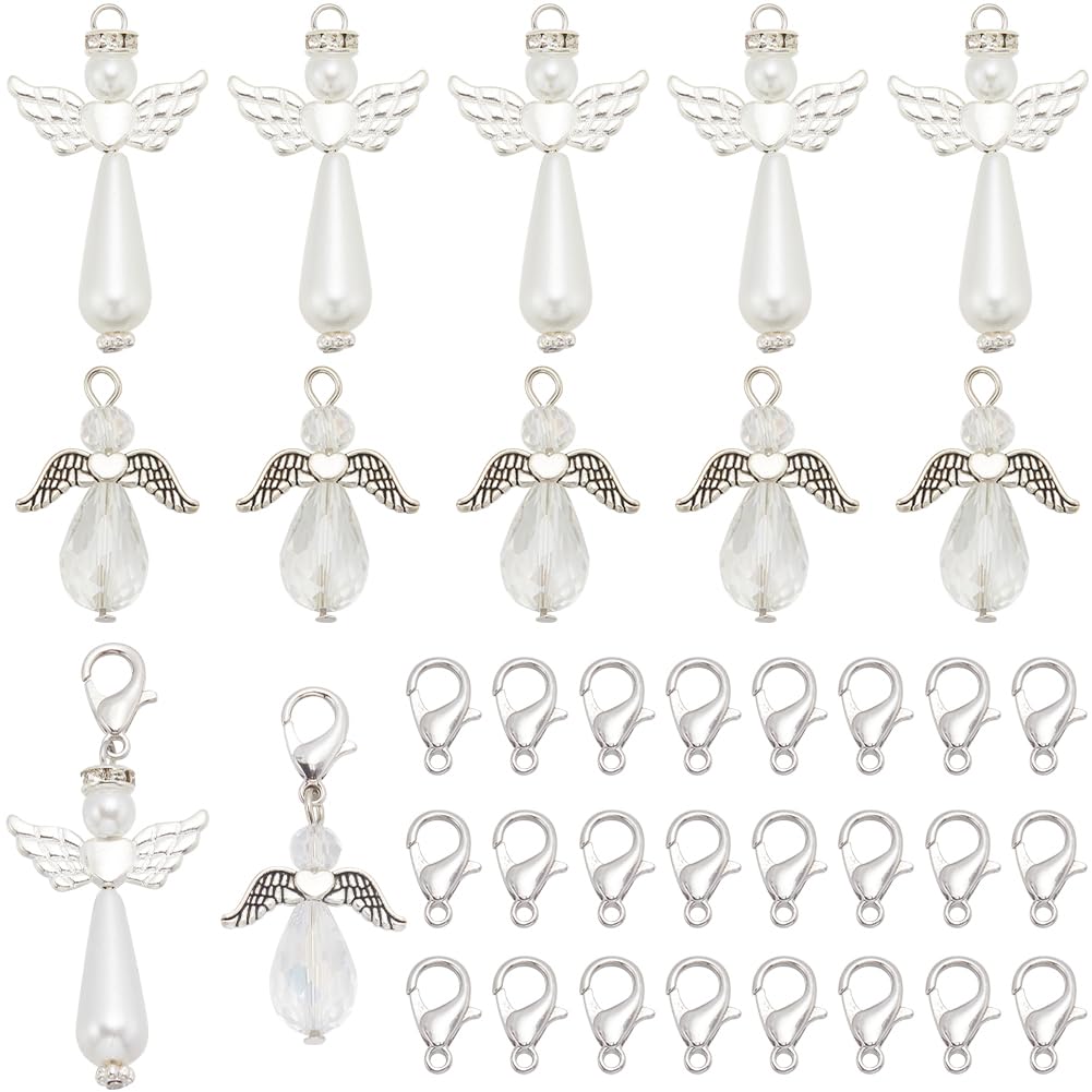 SUNNYCLUE 1 Box 30pcs Angel Clasp Charms Stitch Marker Charm Bulk White Acrylic Wing Pearl Dangle Hoop Locking Crochet Marker Kit with Alloy Lobster Claw Clasps for Knitting Weaving jewellery DIY Craf