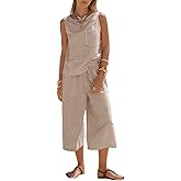 EXLURA Womens Summer 100% Cotton 2 Piece Outfits Striped Sleeveless Top Capri Wide Leg Pants Sets Faux Linen Beach Vacation