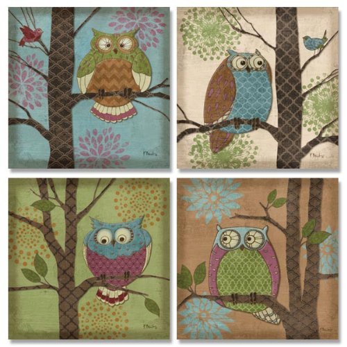 Whimsical fantasy owl poster set blue, green and brown …