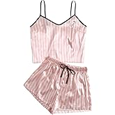 SOLY HUX Women's 2 Piece Satin Pajama Sets Cute Striped V Neck Crop Top and Drawstring Shorts Sleepwear