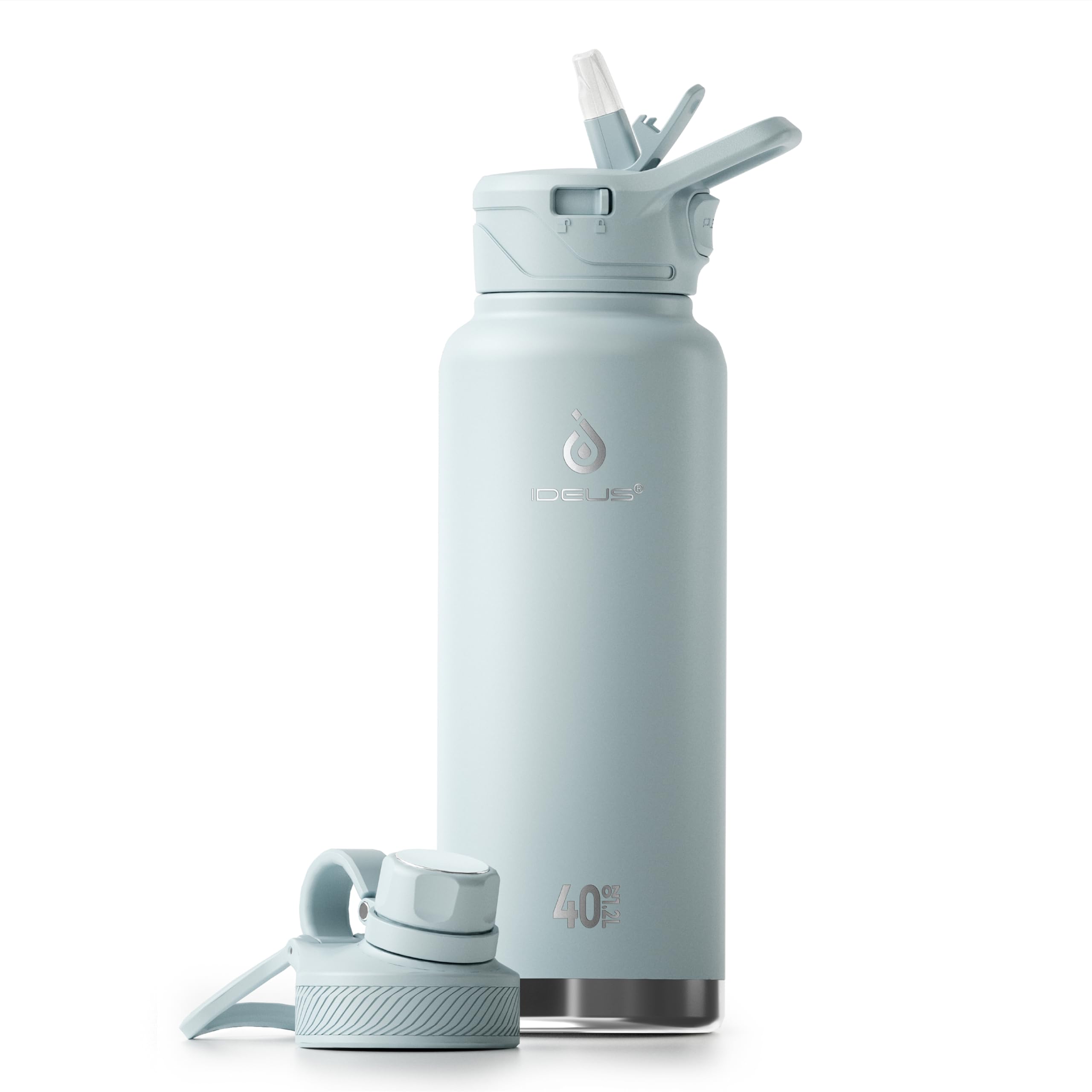 IDEUS Vacuum Insulated Water Bottle 1140ml/40oz, Leak-Proof Stainless Steel Water Bottle, Double Wall Flask, Metal Sports Canteen with 2 Lids