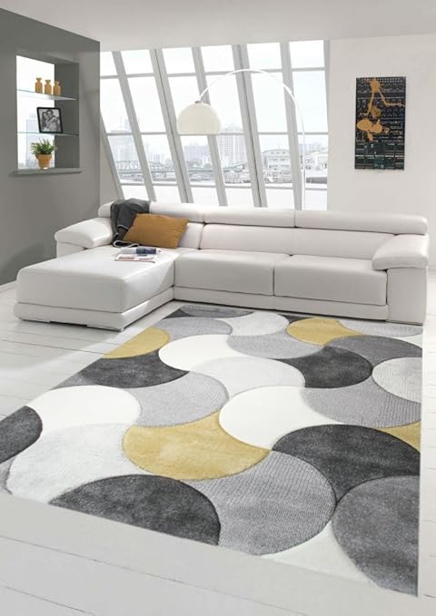 Tapis Design Et Moderne à Poil Court Avec Motif De Gouttes En Jaune Gris Beige Größe 80 X 300 Cm