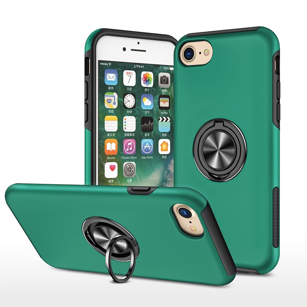 EYZUTAK Case for iPhone SE(5G) 2022 iPhone 7 iPhone 8 iPhone SE 2020, 360 Degree Rotation Magnetic Metal Finger Ring Holder Magnet Car Holder Inner Silicone Glossy Anti-drop Hard Cover-Dark Green