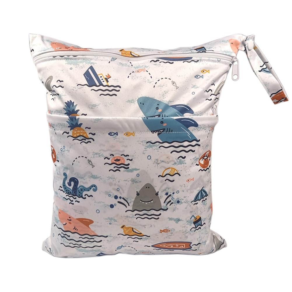 Hrlace Wetbag Nursery Nappy Bag Waterproof Cartoon Animal Print Nappies Bag Cloth Nappies Wet Bags with Zip Reusable Wet Dry Bag for On the Go Travel Sea Animals