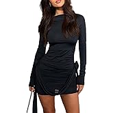 AMPOSSTO Women's Sexy Pleated Long Sleeve Mini Dress Bodycon 3D Floral Ruched Tassels Y2K Party Club Short Dresses