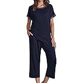 clothsays Womens Capri Pajama Sets Short Sleeve Sleepwear Top and Pants Floral Printed Lounge Sets with Pockets
