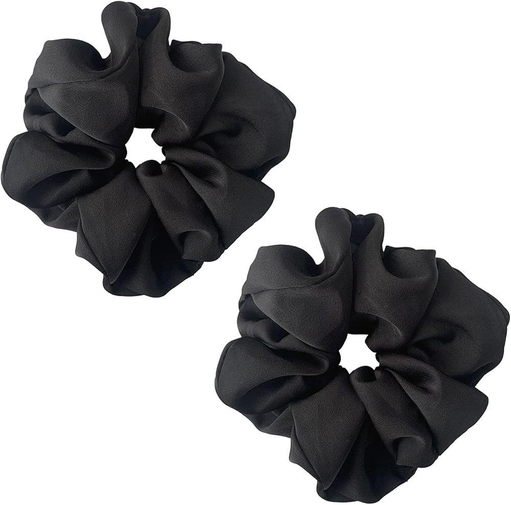 ILamourCar Black Satin Large Scrunchies 2 Pack Elastic Hair Ties Ponytail Women