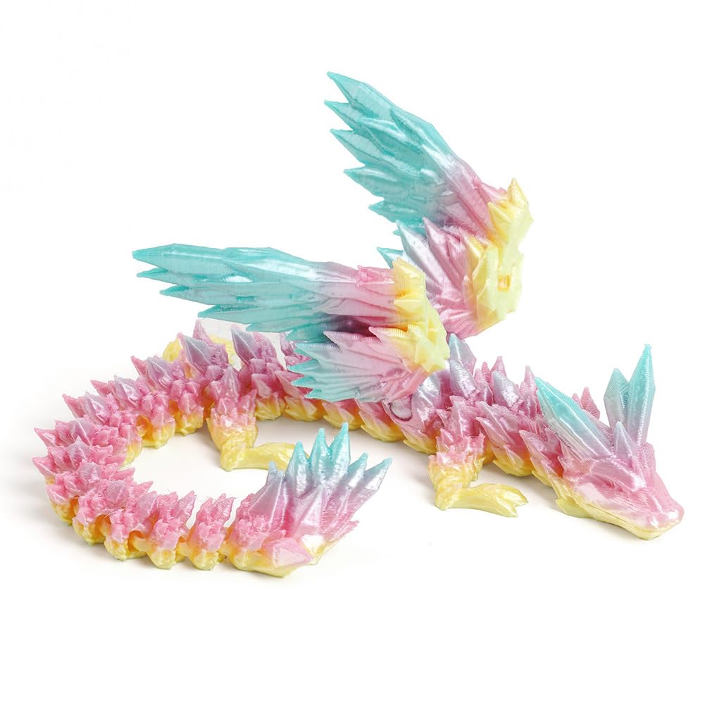 3D Printed Dragon Action Figure - Crystal Dragon Fidget Toy, Flexible Joints, Rainbow Color - Home Office Executive Desk Toys Gift for Kids & Adults