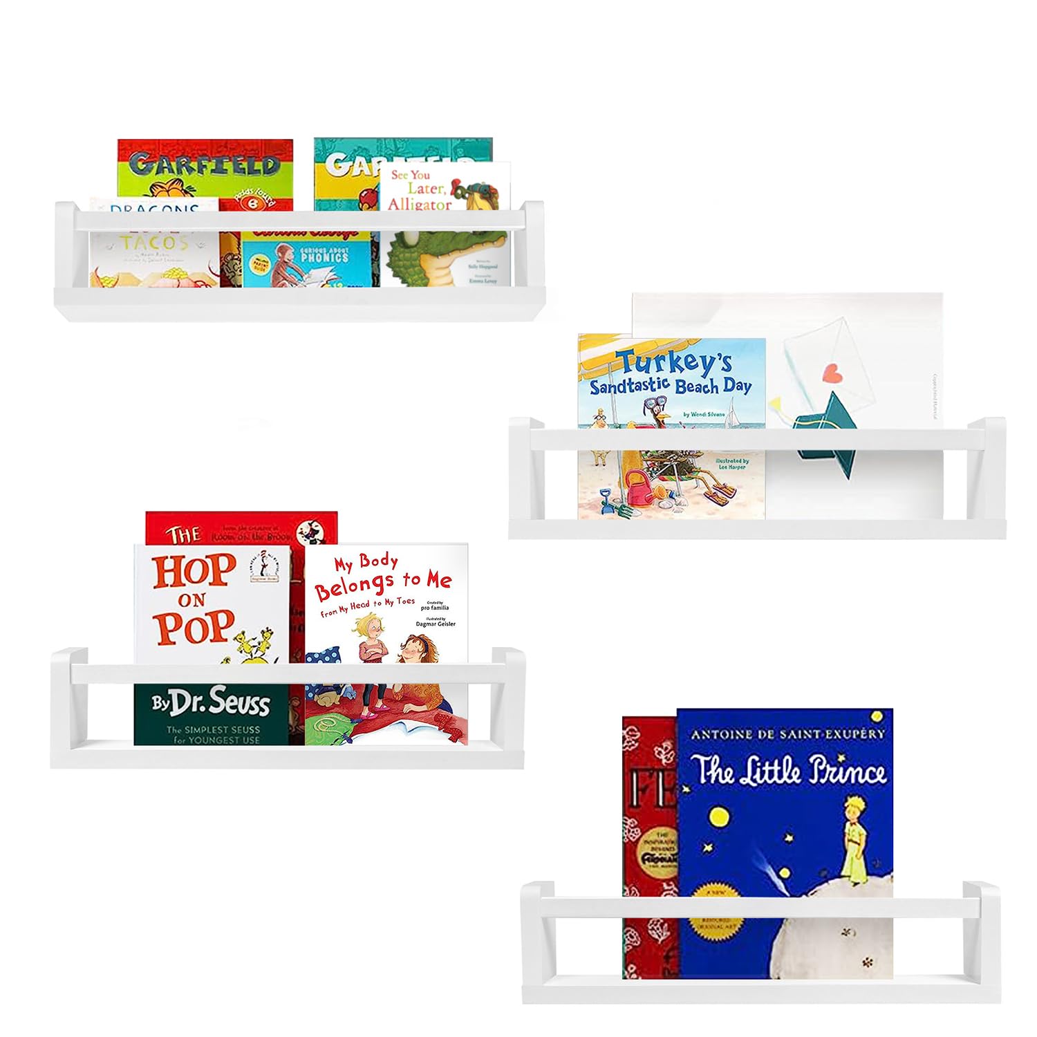 Set of 4 White Nursery Room Shelves, Solid Wood Ideal for Books Toys and Decor, Wall Bookshelf for Kids Bedroom, Kids Bookshelf, Nursery Book Shelves, Wooden Floating Bookshelf,White (16.5 inch)