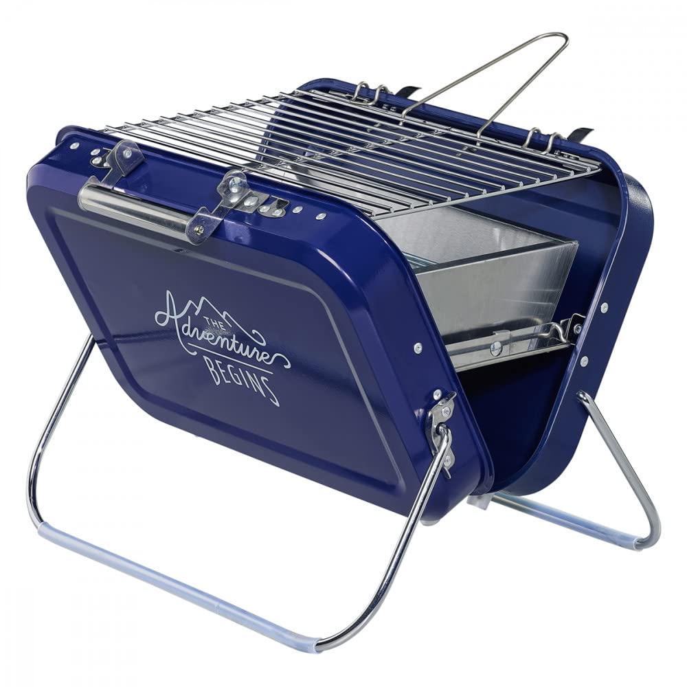 Gentlemen's Hardware Portable BBQ, Lightweight Suitcase-Style in Stainless Steel, Colour: Navy/Blue, 32 x 31.5 x 40 cm, GEN253. Grill and Coal Tray included.