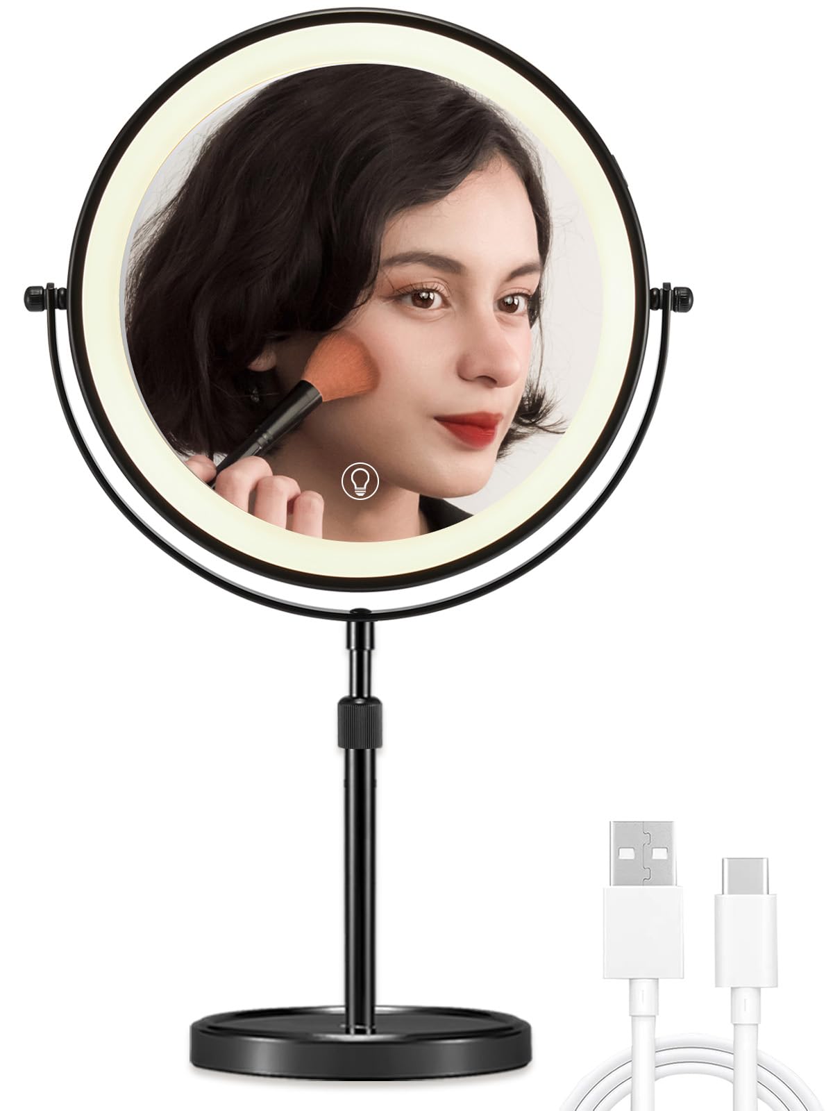 OMIRO Magnifying Mirror with Light 10X/1X-360° Flip Dual Side, 8.5" Makeup Mirror with Light, Touch Adjustable 3-Color Lights, Detachable & Rechargeable for Bathroom Vanity, Travel (Black)