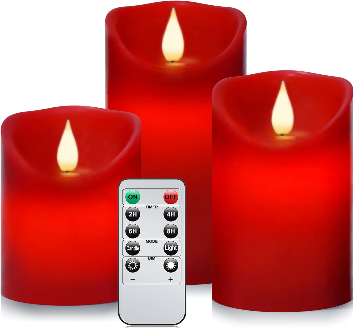 Lighting - Roomsily Flameless Battery Operated Flickering Candles:3PACK Red Real Wax Pillar Candle,Electric LED Candle with 10-Key Remote Control and 24 Hours Timer for Home Decoration Holiday Party