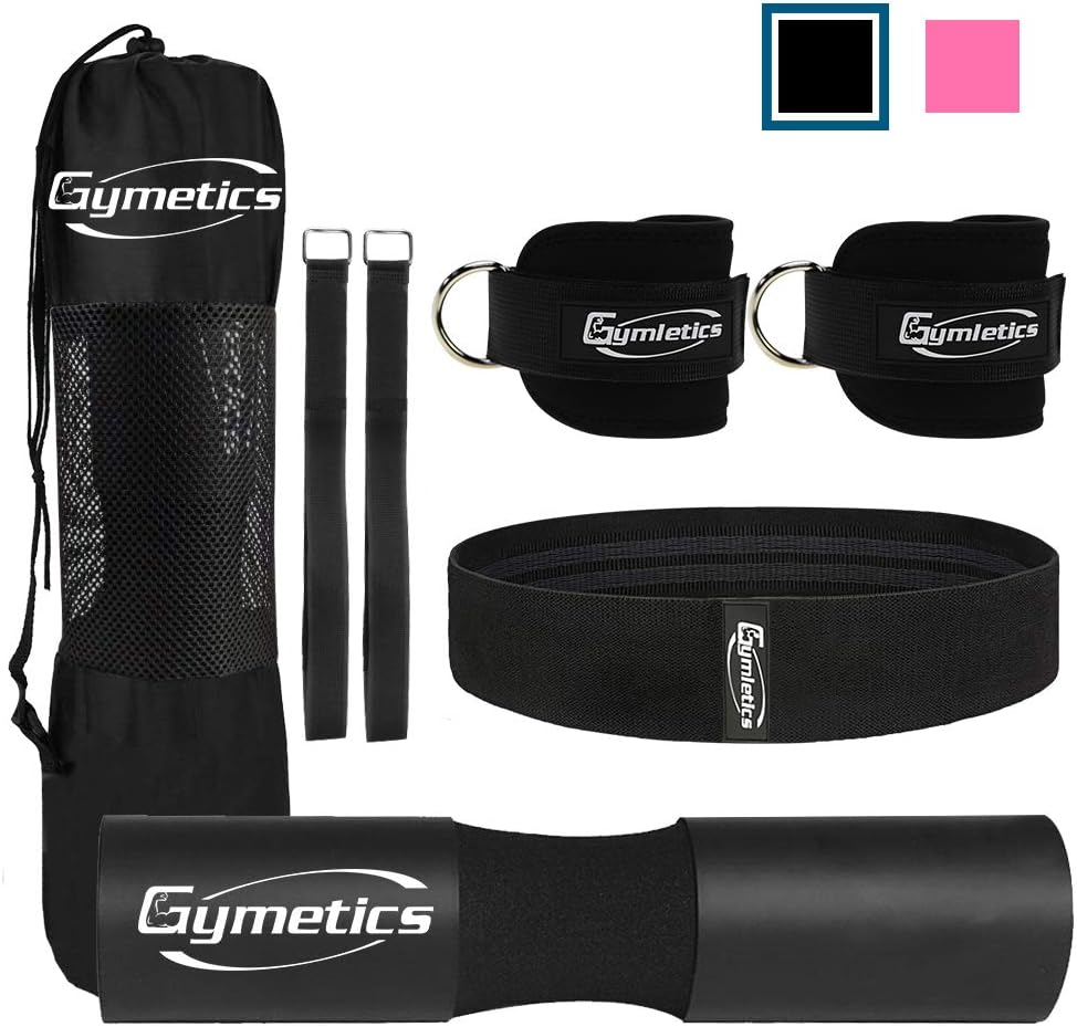 Gymletics 7 Pack Barbell Squat Pad for Standard Set, Barbell Pad for Hip Thrusts, 2 Gym Ankle Straps, Hip Exercise Band, 2 Squat Pad Safety Straps and Carry Bag