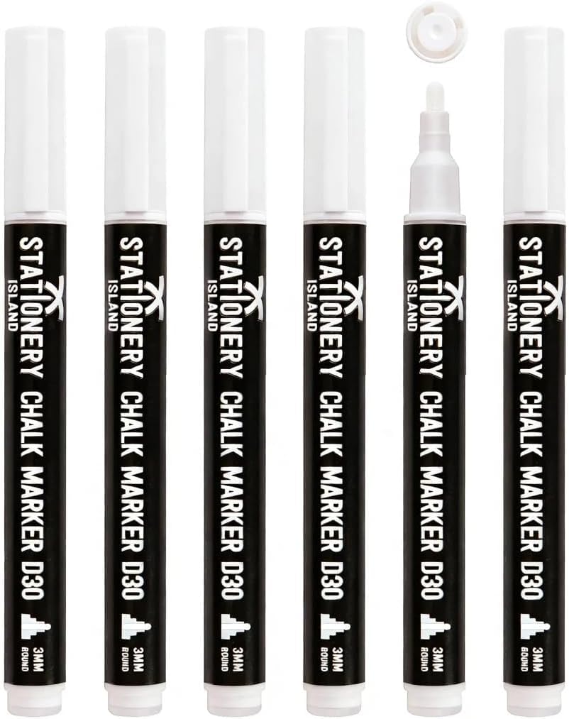 STATIONERY ISLAND Chalk Pens White, Chalk Markers for blackboard, Erasable Liquid Chalk Pens, Marker Pens Wipeable for Chalkboard, Window, Glass and mirror (3mm Bullet Nibs)