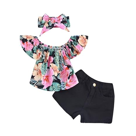 Clothful Baby Girl S Fly Sleeve Floral Tops Solid Short Hair Band