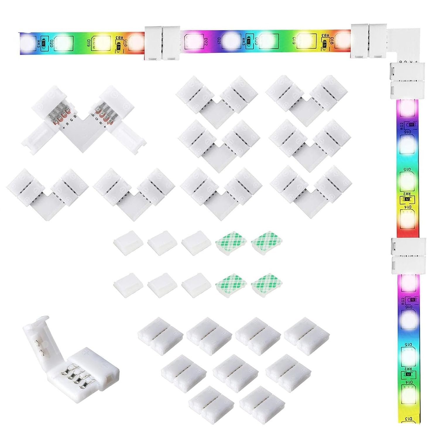 YAJIERUI 10mm LED connectors, 4-pin, RGB, 8 x L-Shaped Corner Connector, 10 x gapless Adapter clamp for 3528 2835 12 V 24 V Multicolor LED Light Strips