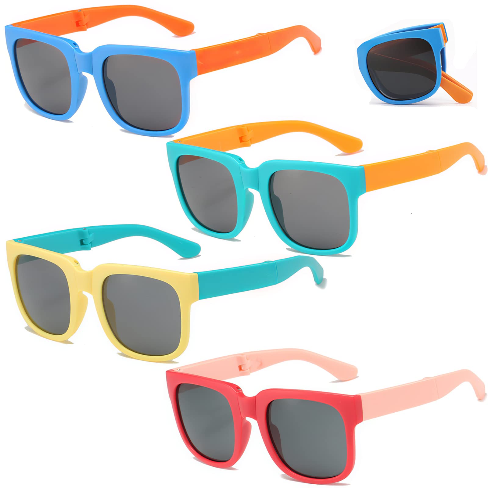 Photo 1 of Ricawa 4 Pack Kids Sunglasses, Foldable Toddler Sunglasses Age 2-4 6-8 10-12 Boys Girls, Cute Sun Glasses for Kids(Rectangle)
