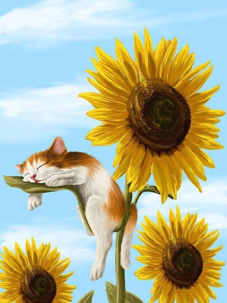 5D Full Drill Diamond Painting Kit, DIY Diamond Rhinestone Painting Kits for Adults and Children Embroidery Arts Craft Home Decor 12 x 16 inch (Sunflower&Cat)