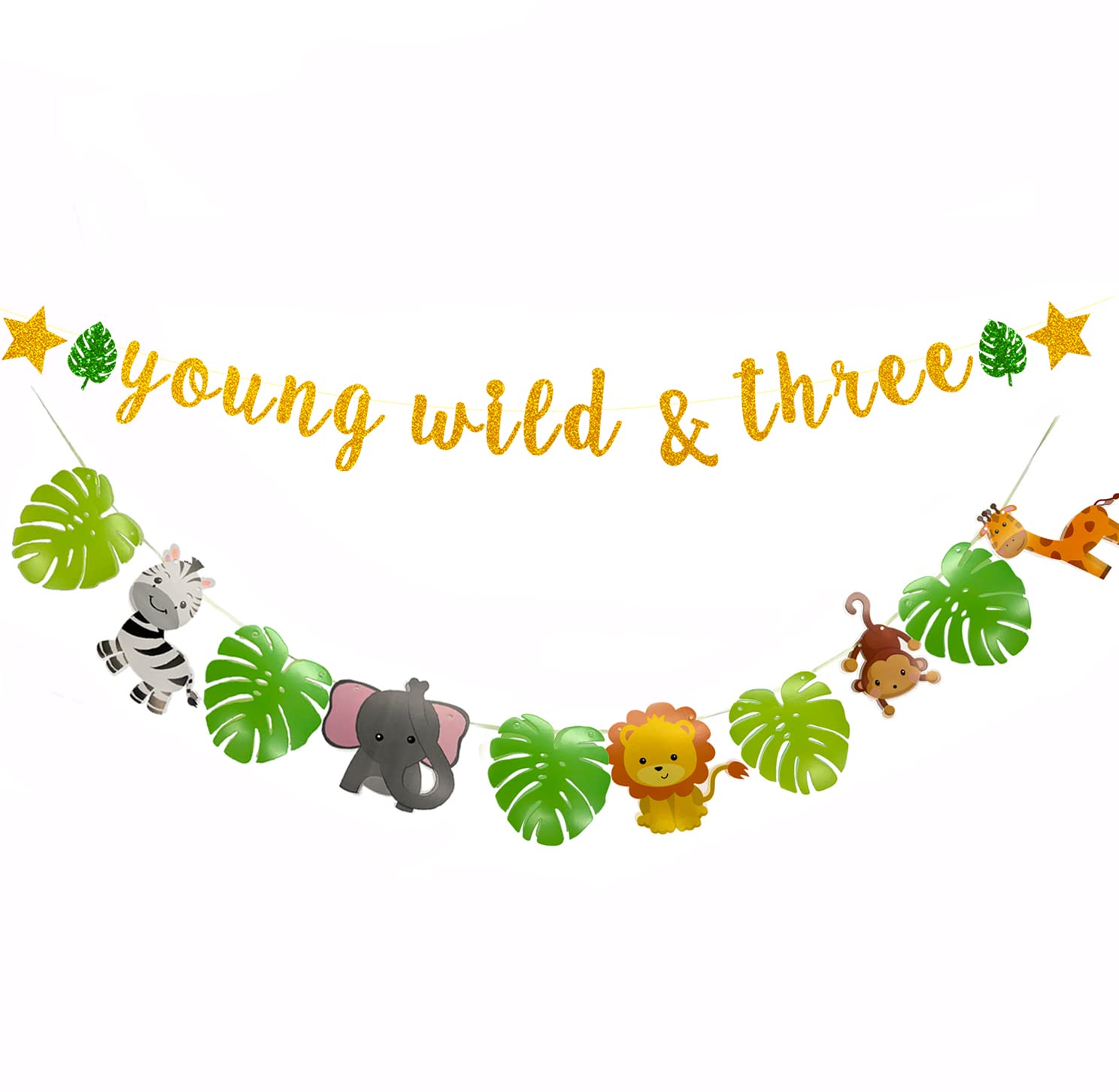 Elicola Happy 3rd Birthday Banner, Young Wild & Three Banner Boy or Girl Three Years Old Party Decorations Supplies Gold Glitter