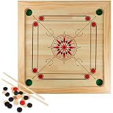 Carrom Board Game - Wooden Strike and Pocket Game Set with Group of Black and Beige Coins, 2 Red Queen Coins, Striker Coin, and Cue Sticks by Hey Play