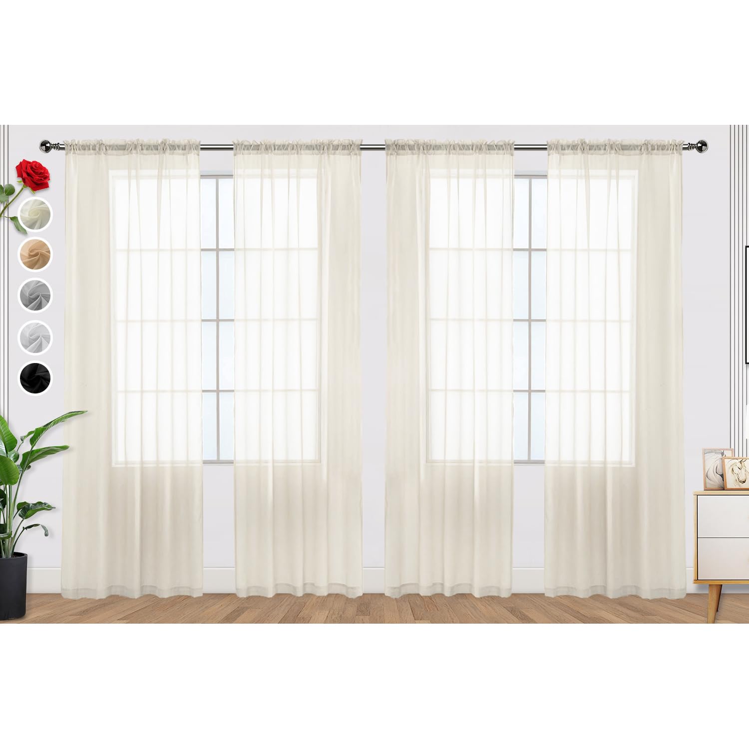 SpaceDresser Ivory Sheer Curtains 4 Panels Rod Pocket Semi-Sheer Curtain 90 Inches Long Light Filtering Voile Window Drapes for Bedroom Living Room Kitchen, Each 52W x 90L Image
