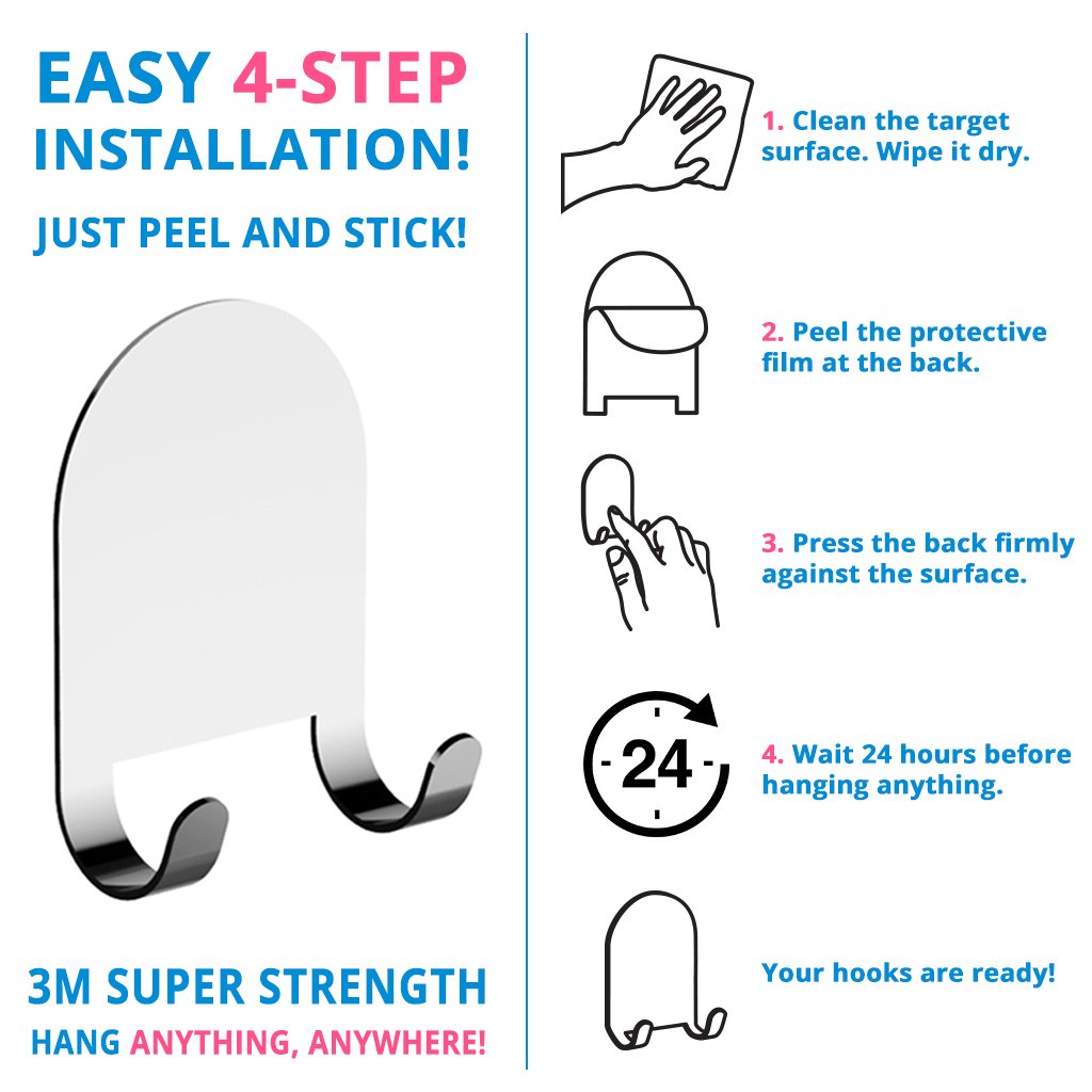 3M Powered All Purpose Hooks by HOME SO - ALL Stainless Steel, Best for Humid Environment - Industrial Strength Holds Anything, Towels, Keys, Coats, Loofahs - Pack of 4 (Chrome)