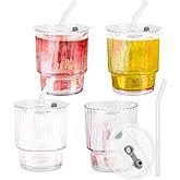 BYZCYSG Glass Tumbler Cups with Lids and Straws, 13 oz, Reusable Drinkware, Clear, 4 Pack (Lines)