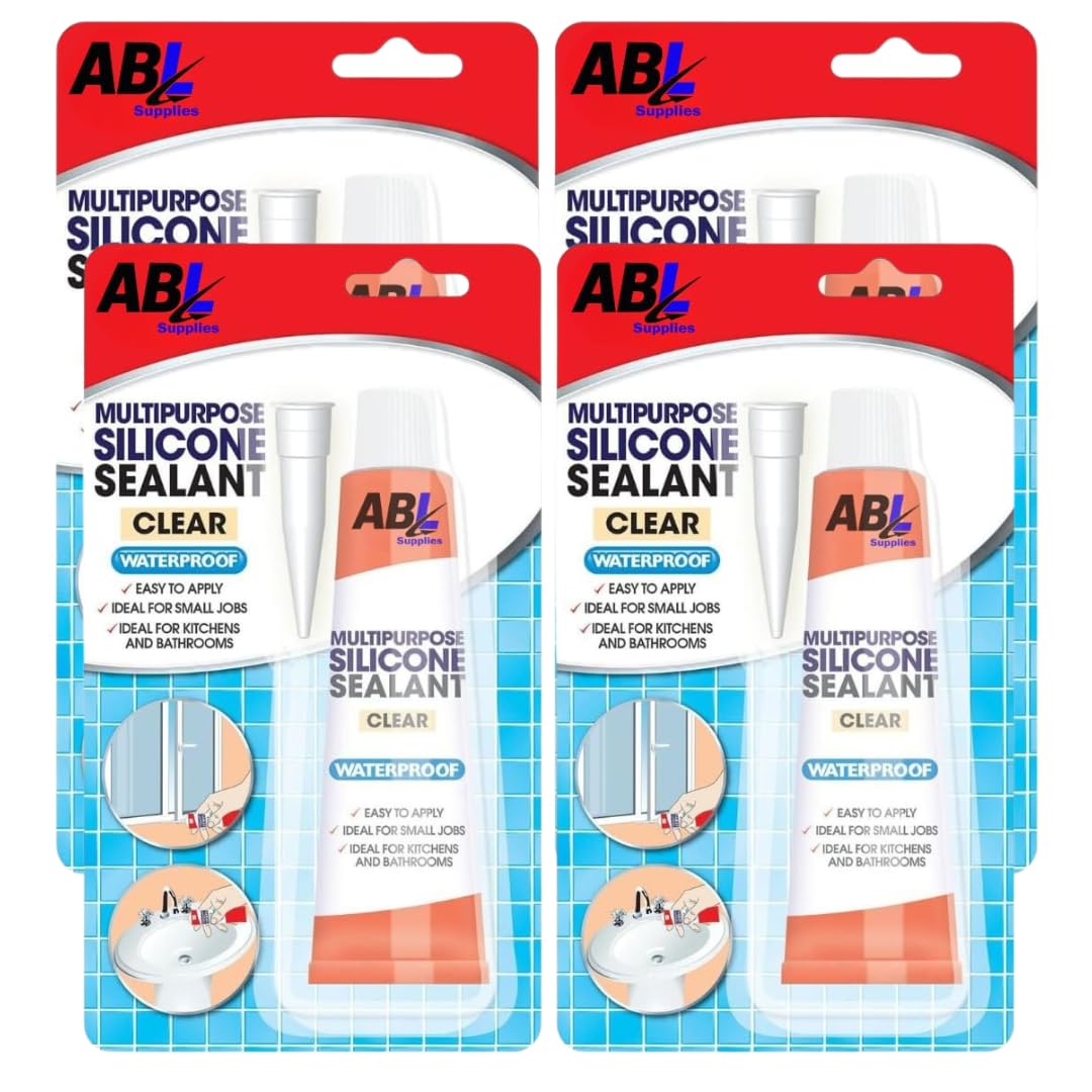 Waterproof Silicone Sealant x 4 70g Tubes | Multipurpose Clear Silicone Sealant | CLEAR Sealant ideal for use in Kitchen & Bathroom x 4 70g Tubes