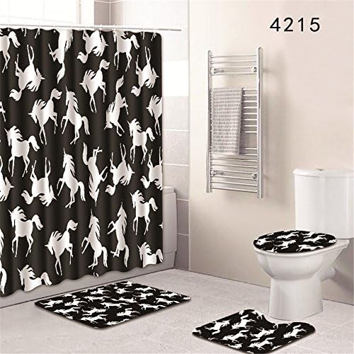 Oyeahbridal Set of 4 Animal Printing Theme Shower Curtain and Bath Mat Set,Black Background White Horse Decor Waterproof Non-slip Bathroom Curtain and Rug Set with Hooks(Multi 14)